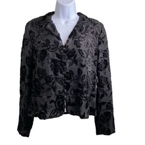 Talbots Women's Black Velvet Brocade Jacket Size 12P Dark Floral Old Money Luxe